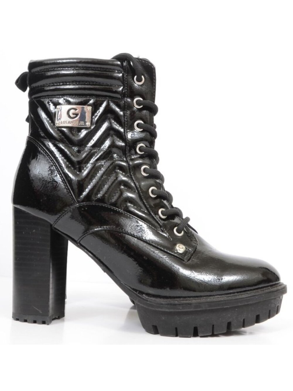 G by GUESS Sellia Womens 8.5 Black Patent Lace Up Witchy Gothic Quilted Bootie